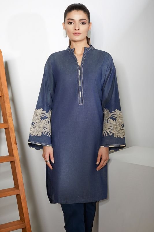 Dyed Embroidered Denim Kurti