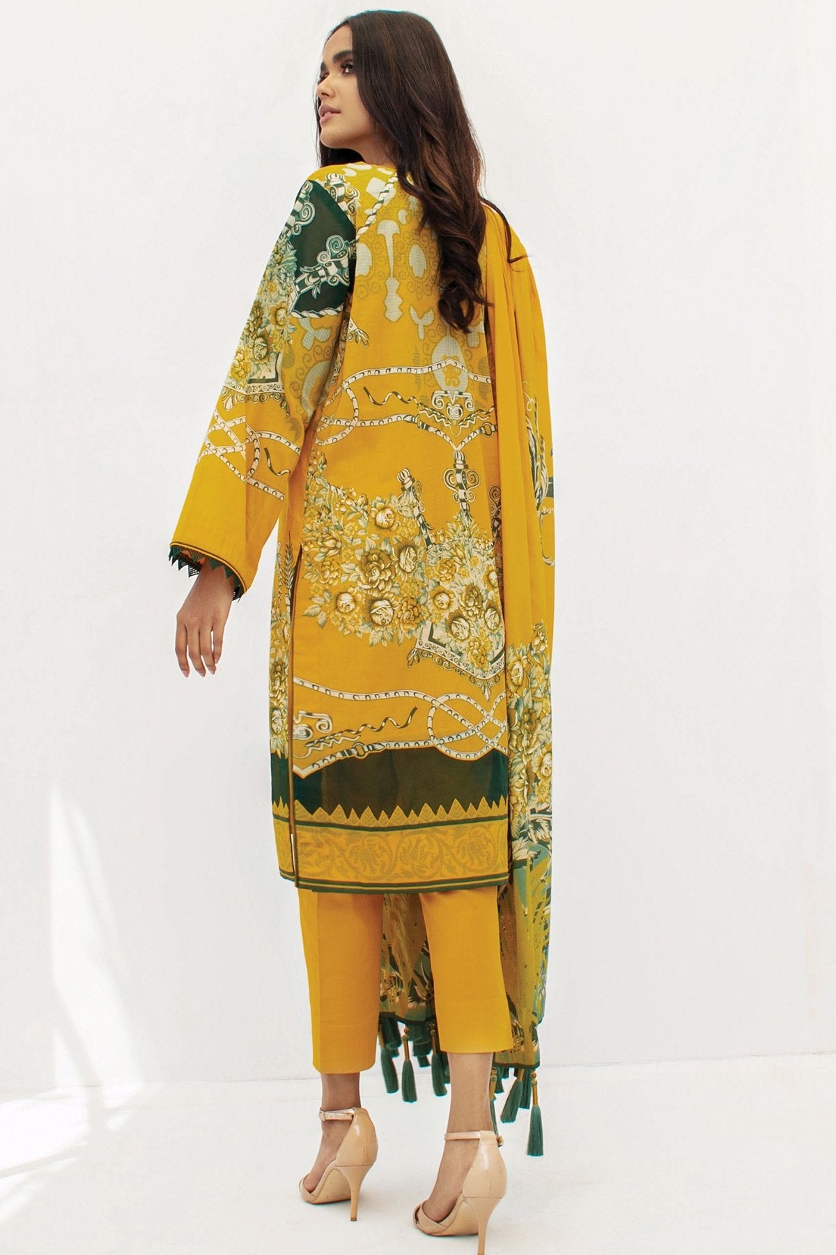 Alkaram - 3 Pc Printed Slub Lawn Suit With Brochia Dupatta