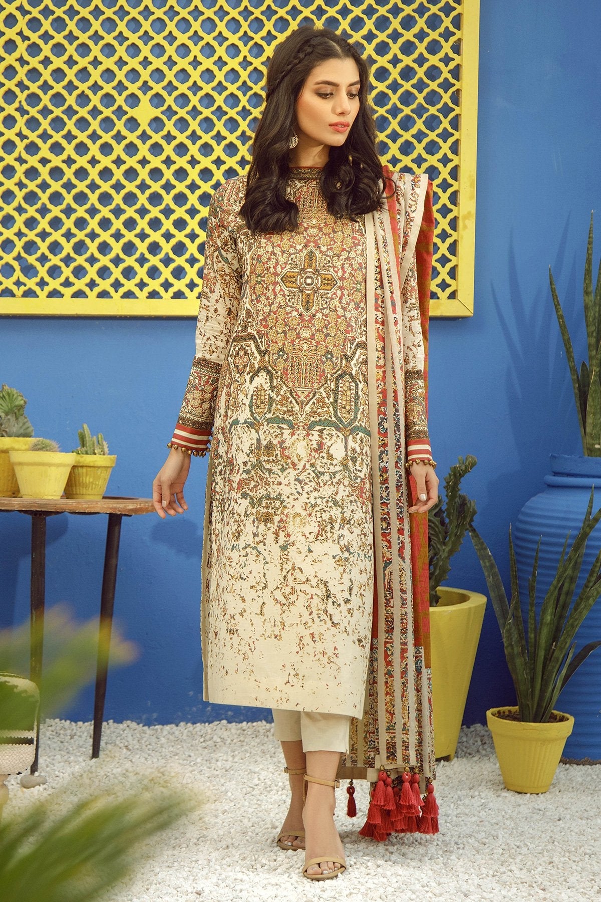 Alkaram - 3 Piece Printed Lawn Suit With Jacquard Net Dupatta