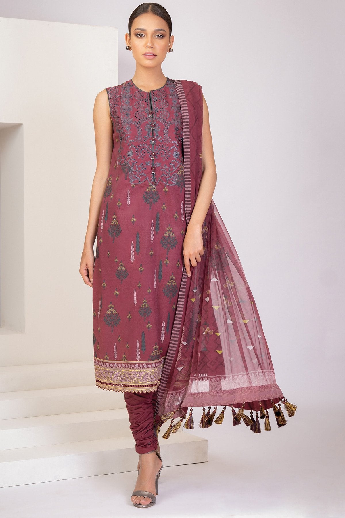 Alkaram - 3 Pc Embroidered Lawn Suit With Digital Chiffon Dupatta