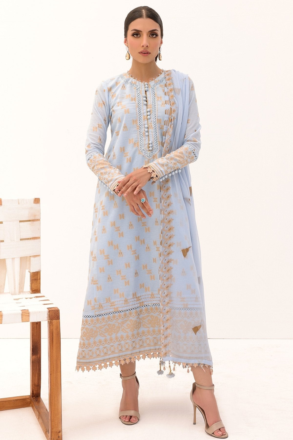 3 Pc Printed Yarn Dyed Suit With Chiffon Dupatta