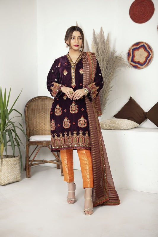 Ellena - 3-PC Stitched Velvet Suit