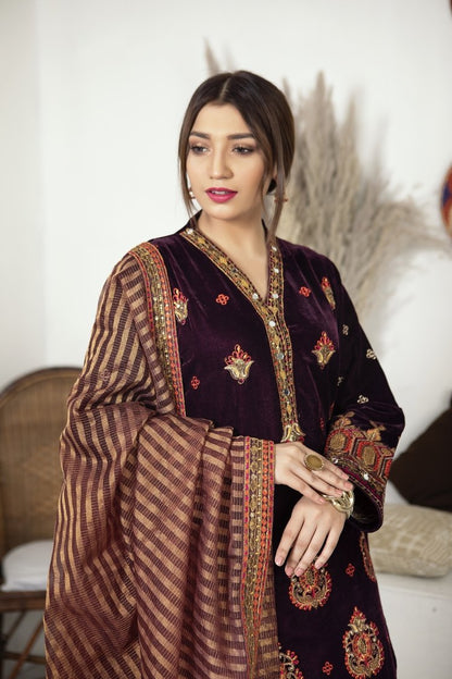 Ellena - 3-PC Stitched Velvet Suit