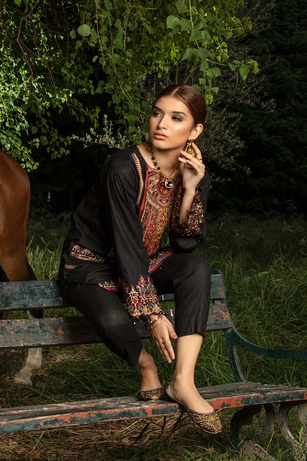 Adan's Libas - Blond Black - Embroidered Unstiched Lawn Kurti