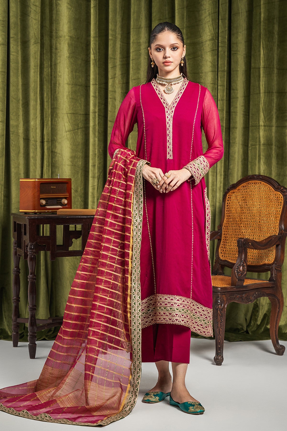 Charizma - 3-PC Embroidered Chiffon Shirt with Zari Dupatta and Trouser CMA 3-250