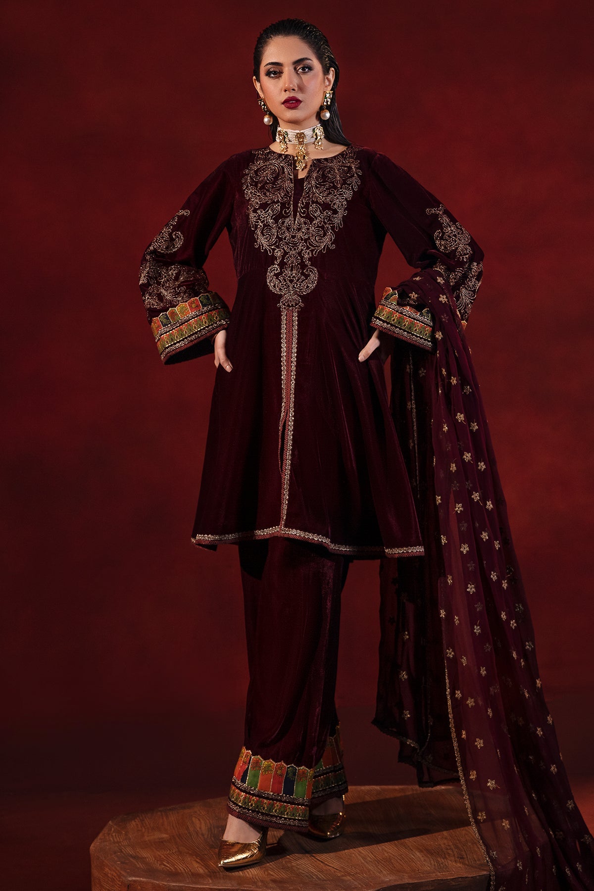 3-PC Embroidered Velvet Shirt with Chiffon Dupatta and Trouser VVT-3-206