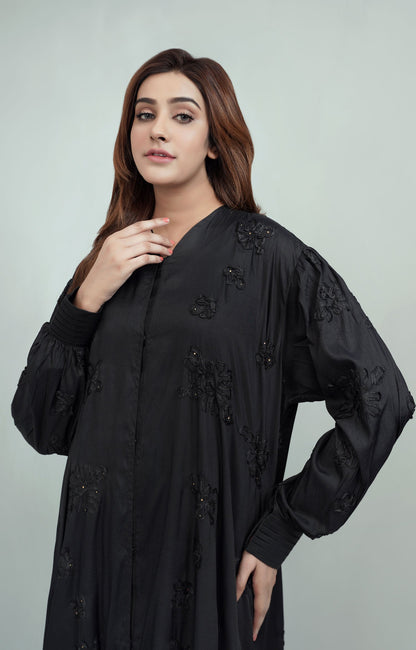 Hareer - 3D floral fabric front open Abaya