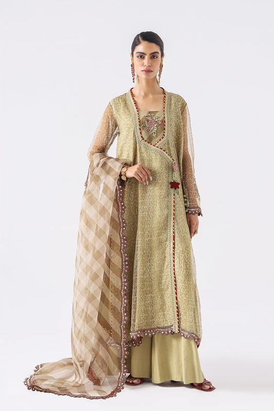 3-PC Embroidered Zari Net Shirt with Organza Dupatta and Trouser CMA-3-73