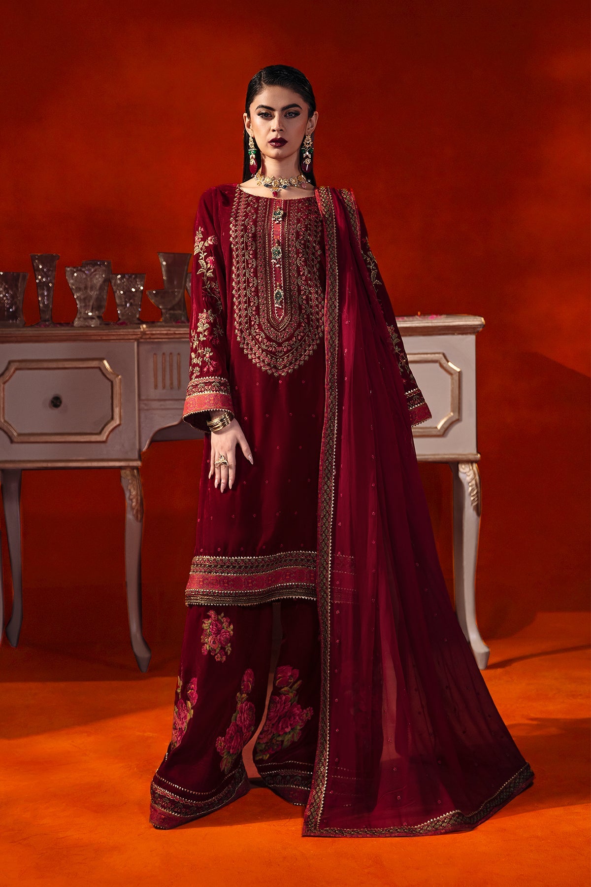 3-PC Embroidered Velvet Shirt with Embroidered Chiffon Dupatta and Trouser VVT-3-201