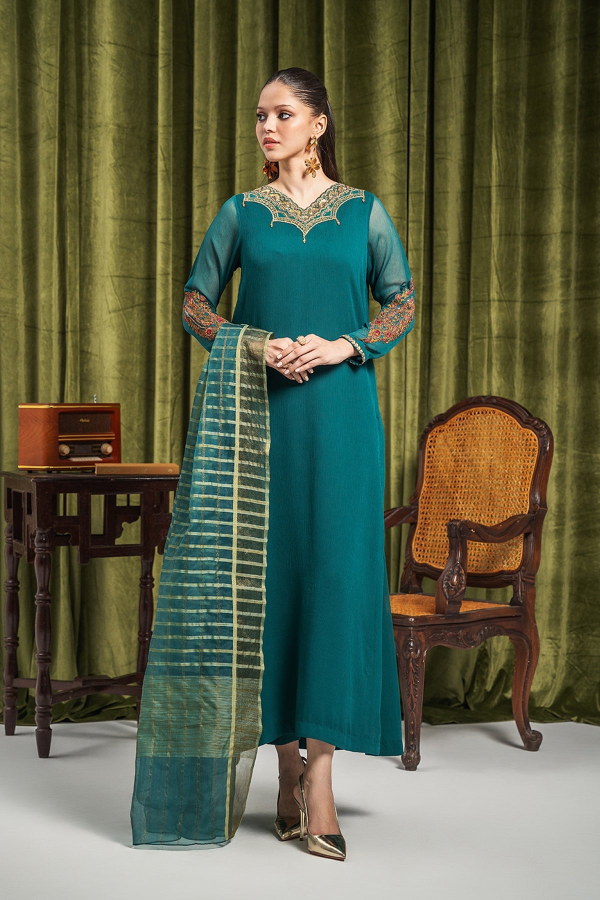 3-PC Embroidered Chiffon Shirt with Embroidered Organza Dupatta and Trouser CMA-3-265