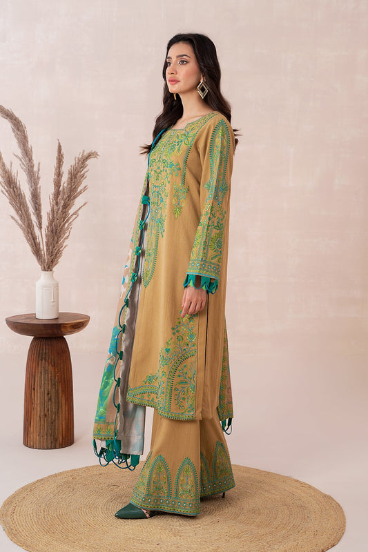 3-PC Unstitched Embroidered Dhank Front with Printed Wool Shawl and Trouser PS3-12