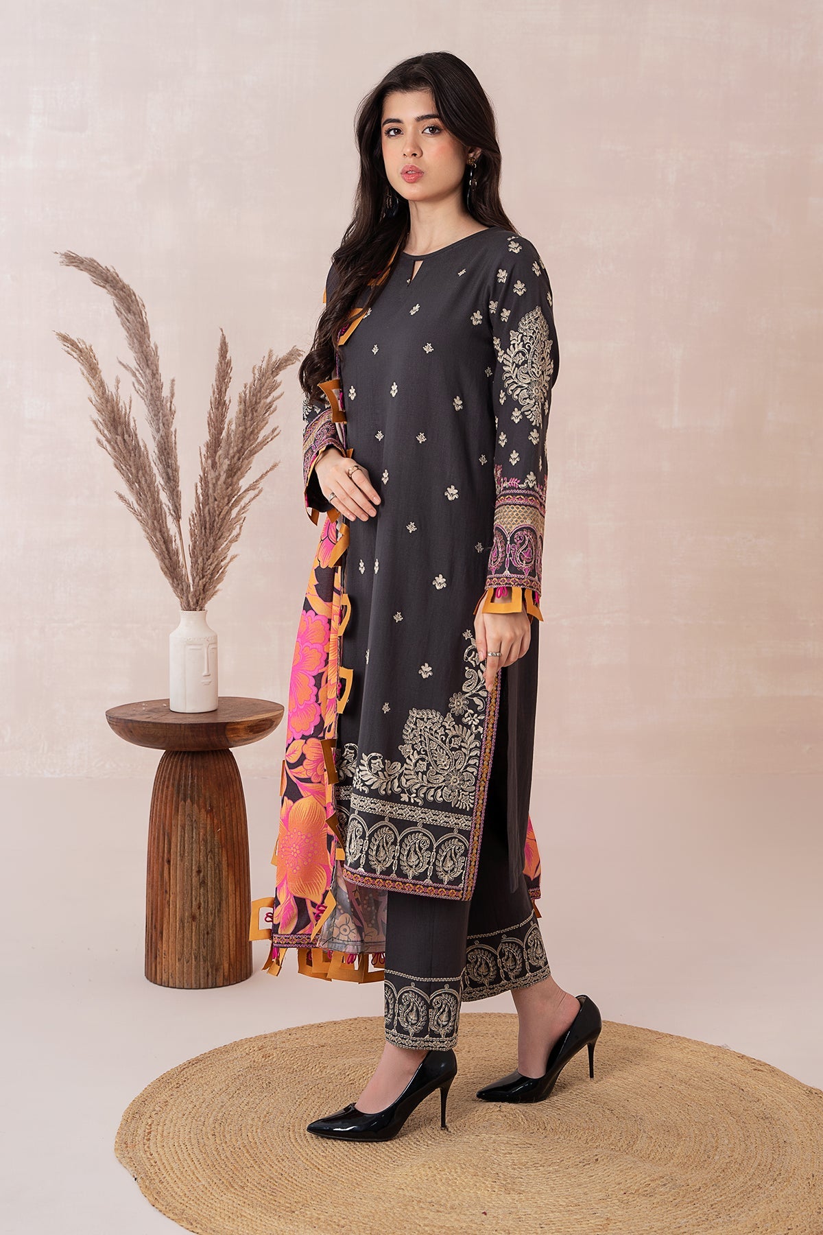 3-PC Unstitched Embroidered Dhank Front with Printed Wool Shawl and Trouser PS3-11