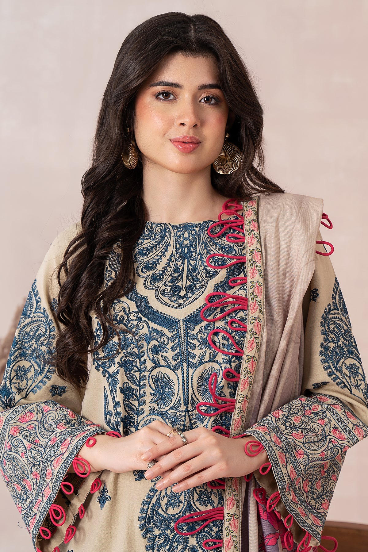 3-PC Unstitched Embroidered Dhank Front with Printed Wool Shawl and Trouser PS3-10