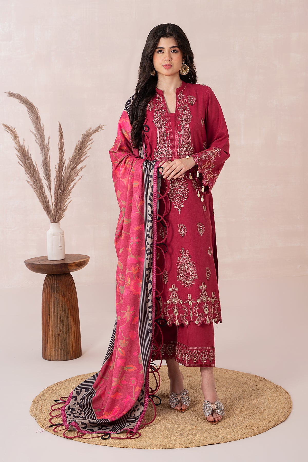 3-PC Unstitched Embroidered Dhank Front with Printed Wool Shawl and Trouser PS3-09