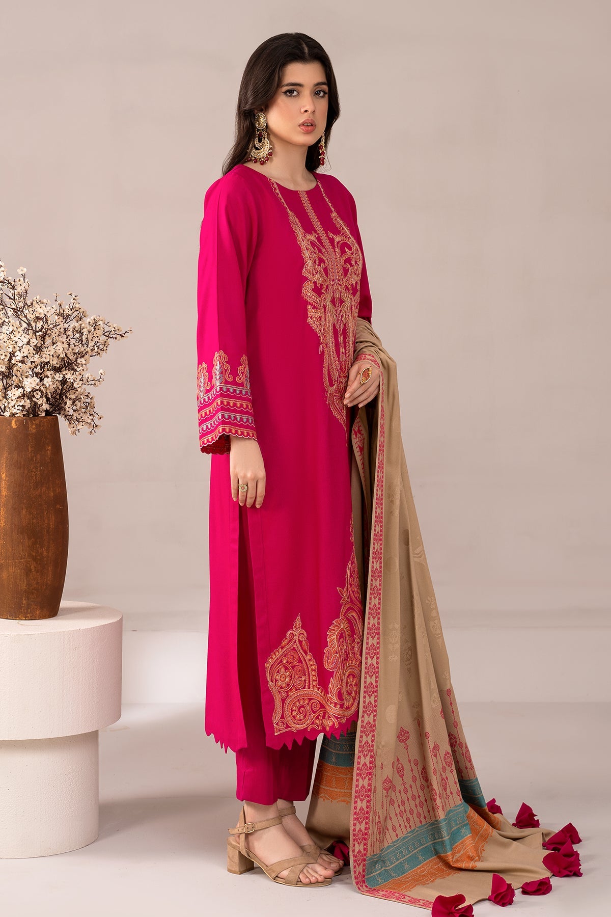 Charizma - 3-PC Embroidered Dyed Leather Shirt with Dyed Wool Shawl and Trouser NYS4-15