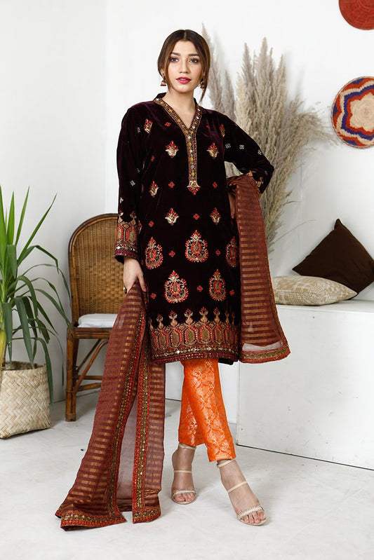Ellena - 3-PC Stitched Velvet Suit