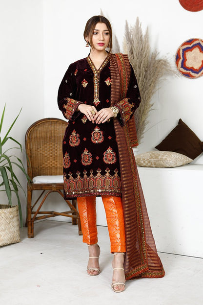 Ellena - 3-PC Stitched Velvet Suit