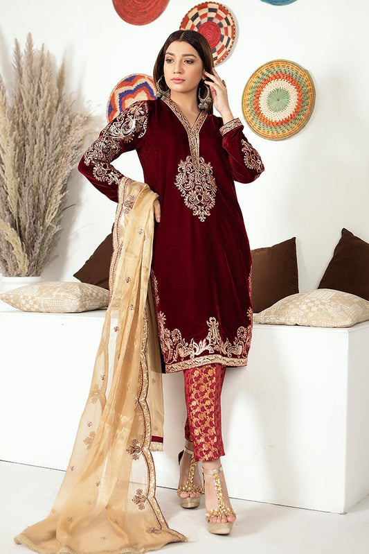 Ellena - 3-PC Stitched Velvet Suit