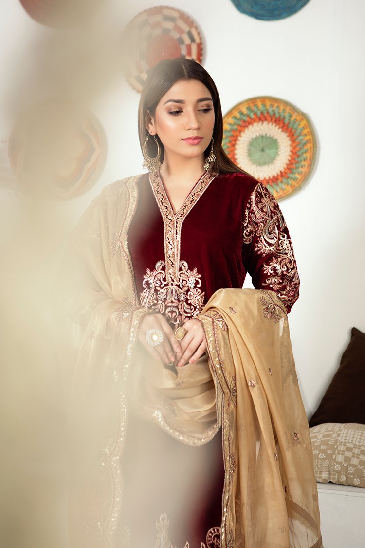 Ellena - 3-PC Stitched Velvet Suit