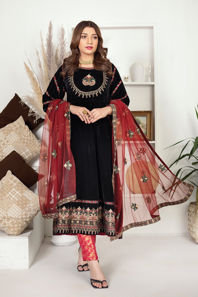 Ellena - 3-PC Stitched Velvet Suit