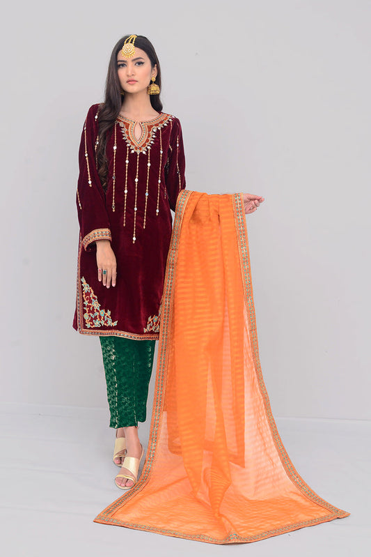 Ellena - 3-PC Stitched Velvet Suit