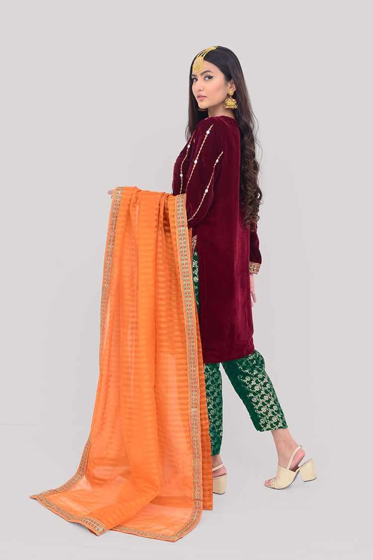 Ellena - 3-PC Stitched Velvet Suit