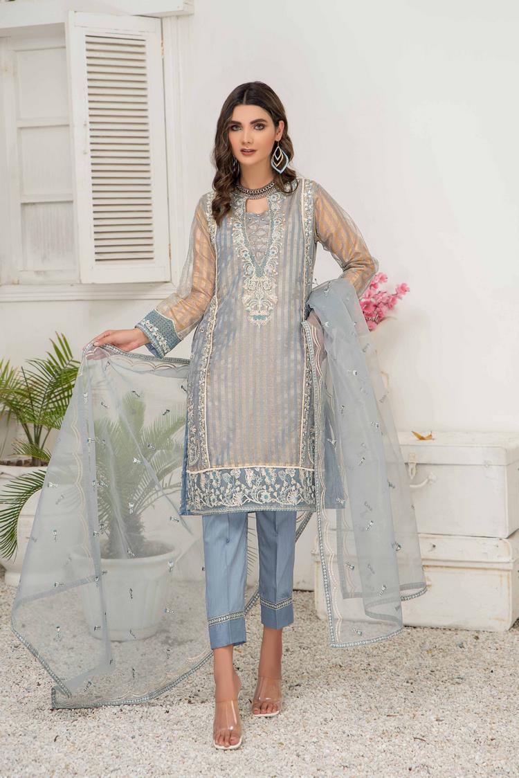 Ellena - 3-PC Stitched Zari Net Suit