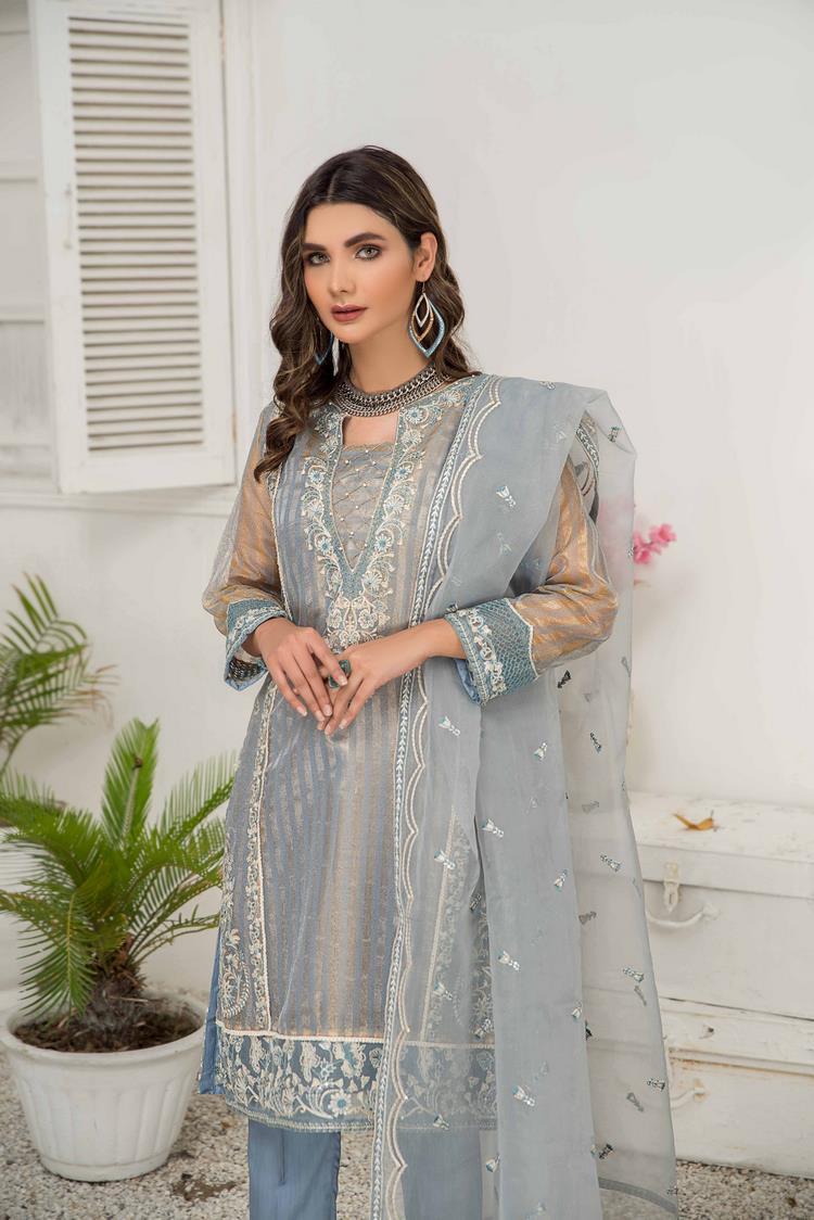 Ellena - 3-PC Stitched Zari Net Suit