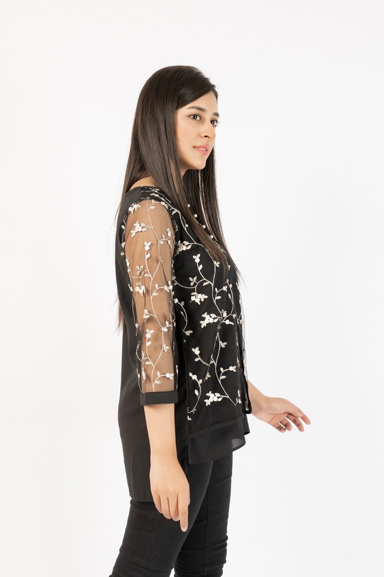 Ellena - Georgette Top With Floral Embroided Net