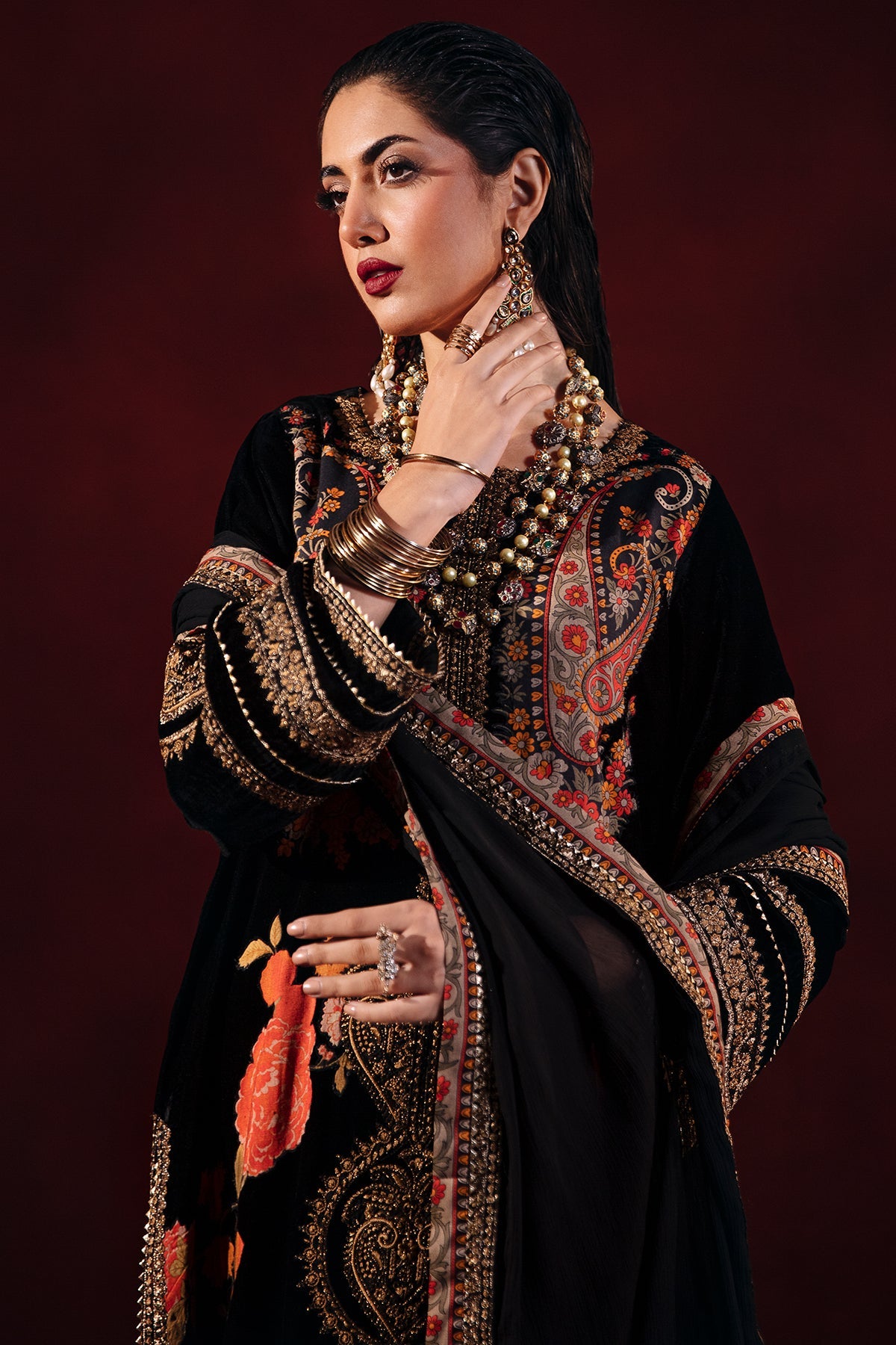 Charizma - 3-PC Embroidered Velvet Shirt with Embroidered Chiffon Dupatta and Trouser VVT-3-204