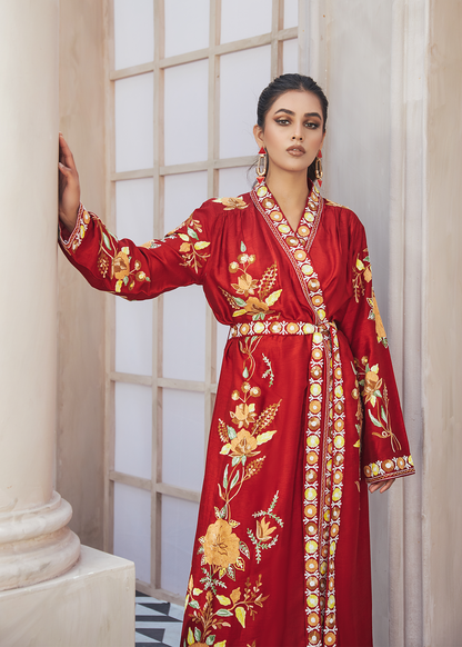 Dure Shahwar - Red Kaftan with Lap Jacket