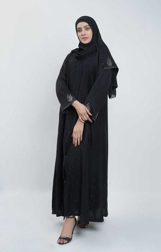 Hareer - Black Eyelet Abaya Swarovski Stone Work