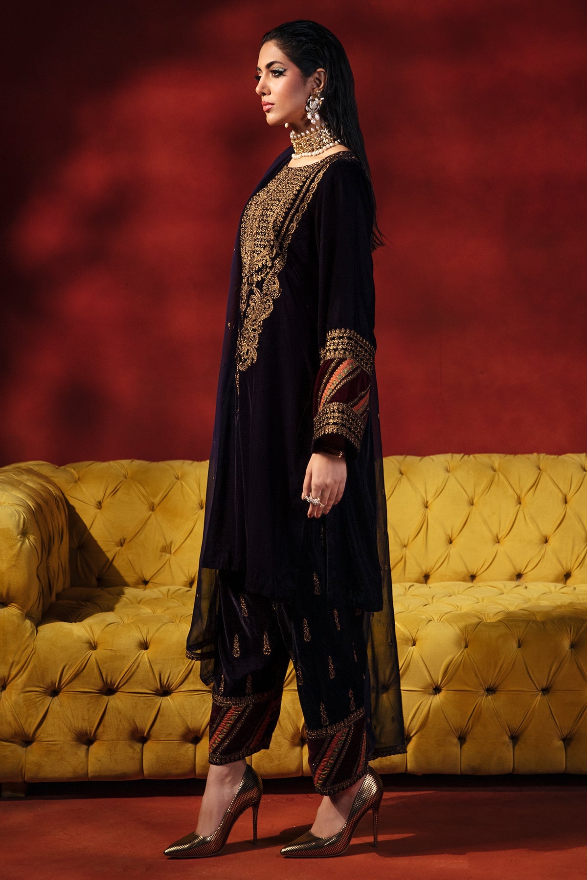 Charizma - 3-PC Embroidered Velvet Shirt with Embroidered Chiffon and Trouser VVT-3-207