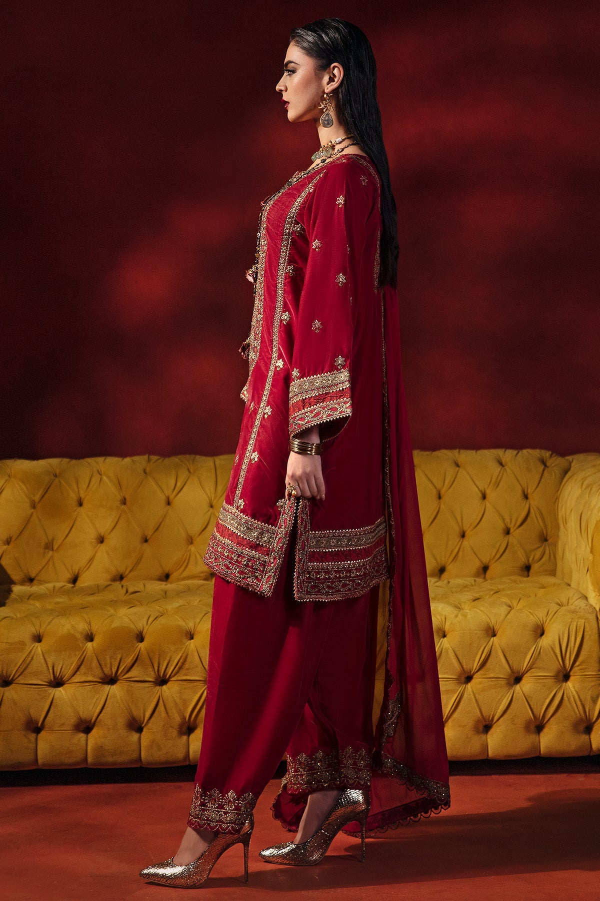 Charizma - 3-PC Embroidered Velvet Shirt with Chiffon Dupatta and Trouser VVT-3-202