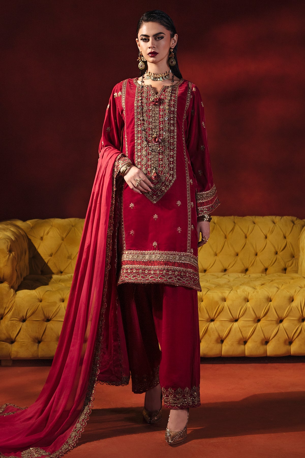 3-PC Embroidered Velvet Shirt with Chiffon Dupatta and Trouser VVT-3-202