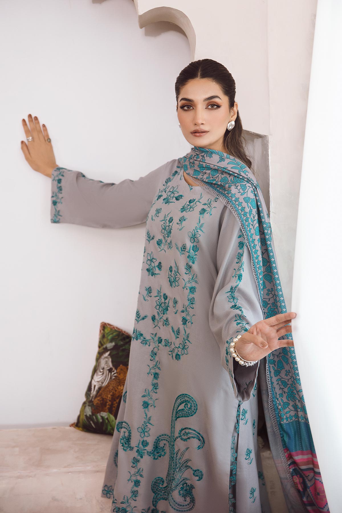 Charizma - 3-PC Unstitched Embroidered Leather Shirt with Printed Wool Shawl PS3-04