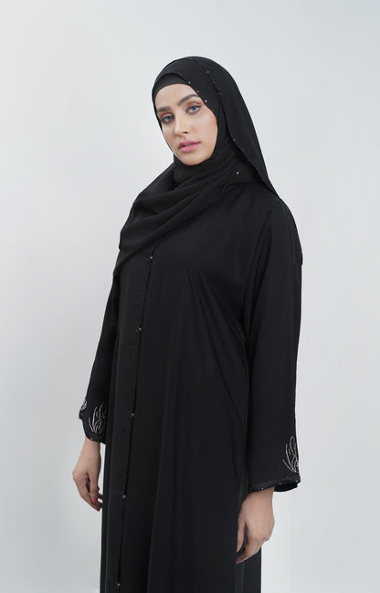 Hareer - Black Eyelet Abaya Swarovski Stone Work