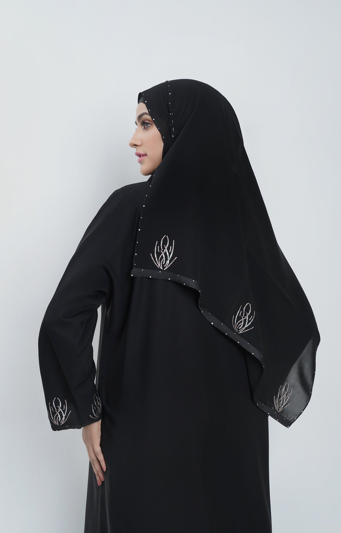 Hareer - Black Eyelet Abaya Swarovski Stone Work