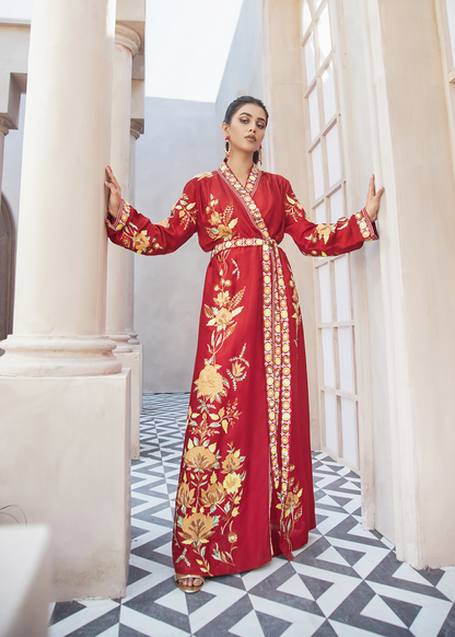 Dure Shahwar - Red Kaftan with Lap Jacket