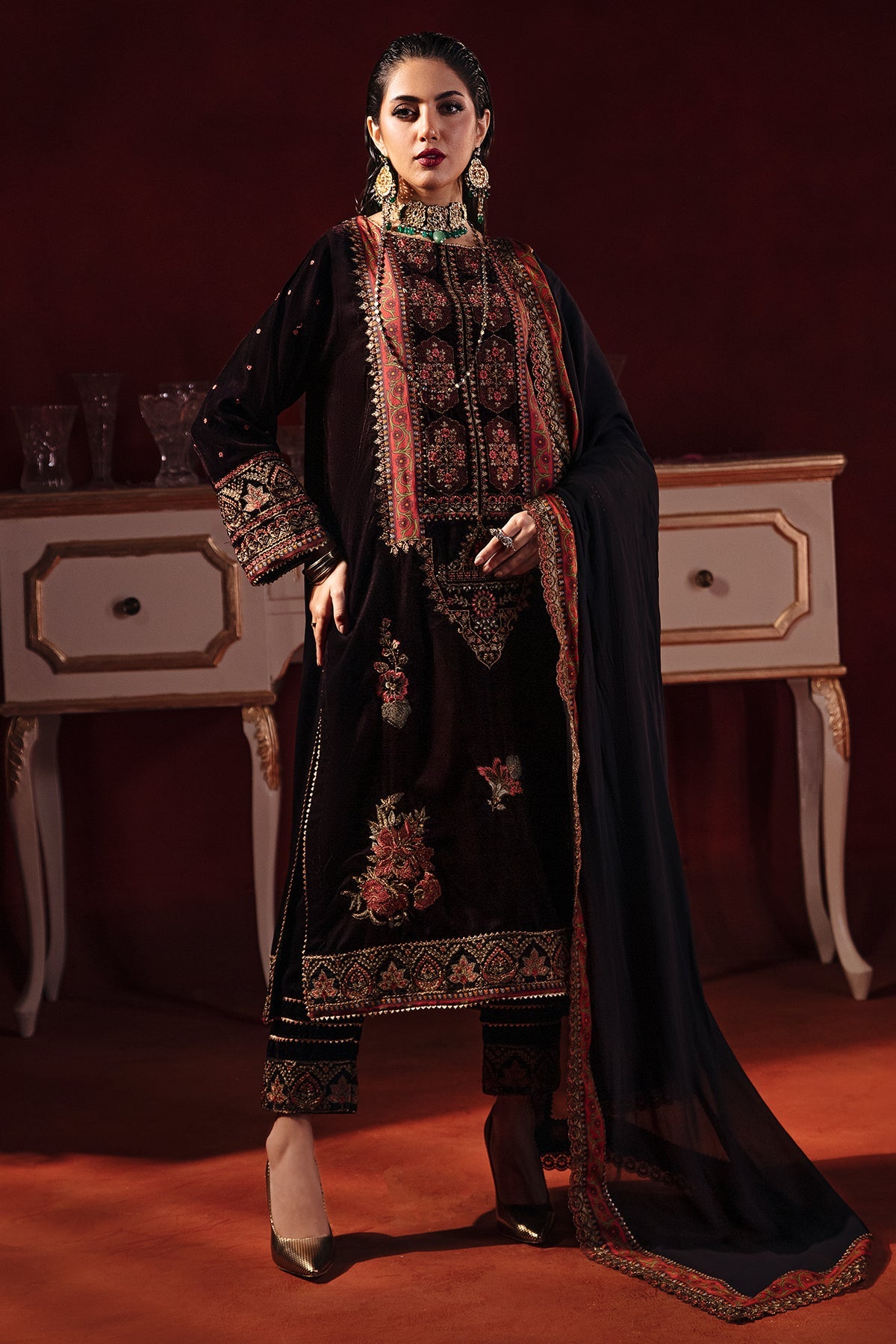 3-PC Embroidered Velvet Shirt with Embroidered Chiffon Dupatta and Trouser VVT-3-205