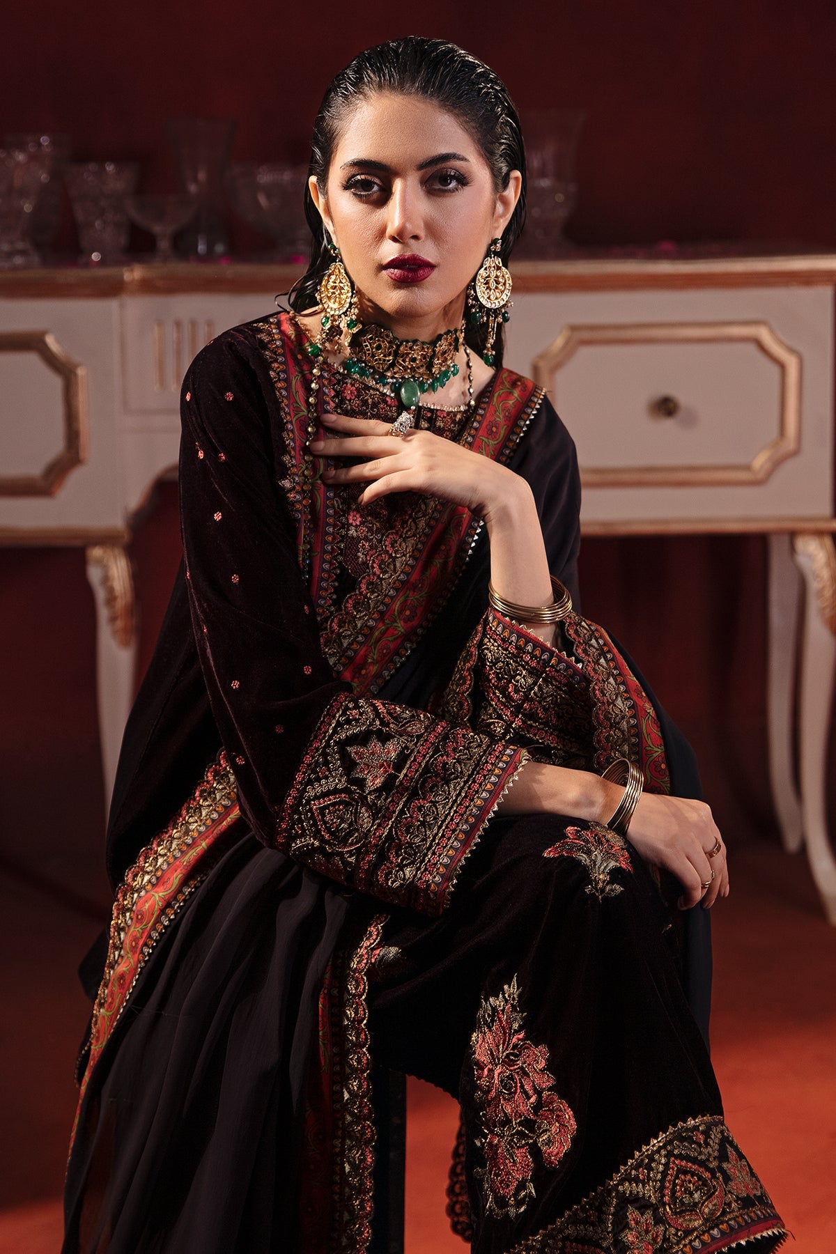 Charizma - 3-PC Embroidered Velvet Shirt with Embroidered Chiffon Dupatta and Trouser VVT-3-205