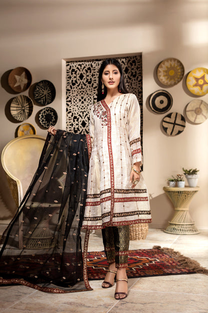 Ellena - 3-PC Stitched Zari Net Suit