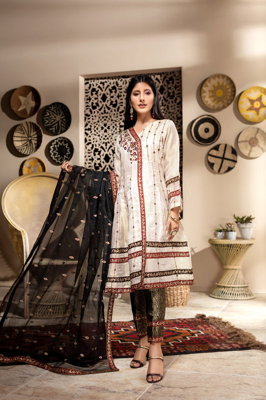 Ellena - 3-PC Stitched Zari Net Suit