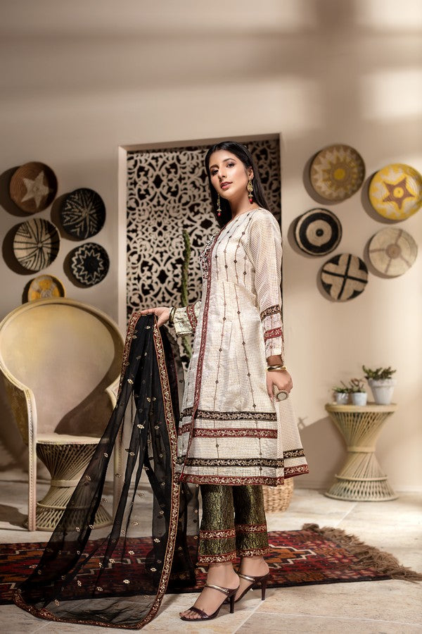 Ellena - 3-PC Stitched Zari Net Suit