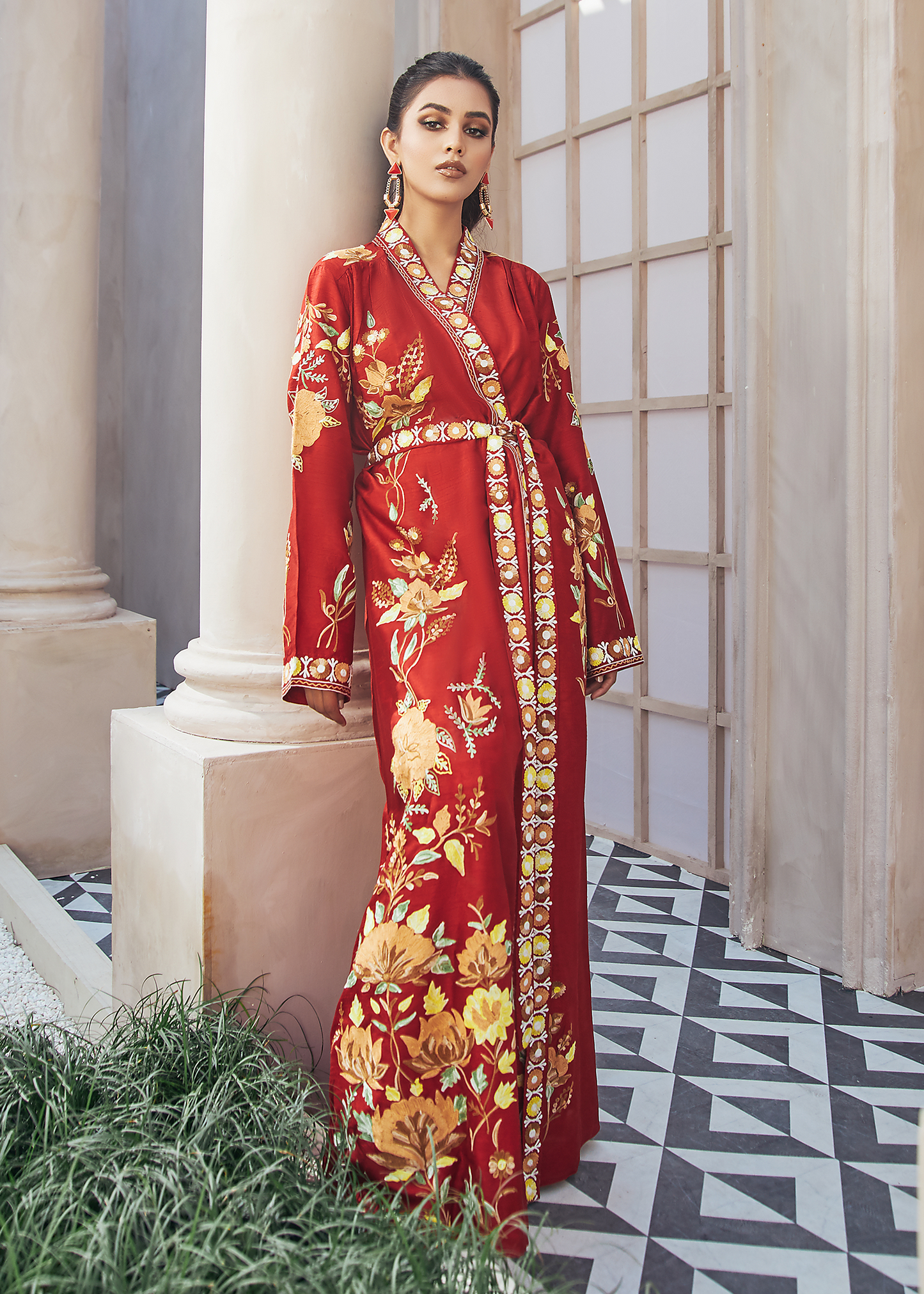 Dure Shahwar - Red Kaftan with Lap Jacket