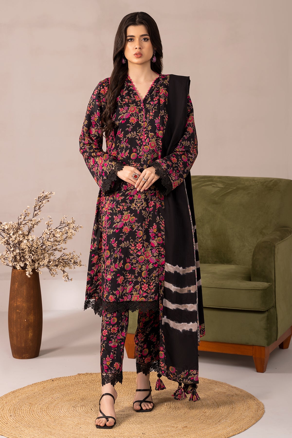 3-PC Printed Staple Shirt with Staple Dupatta and Trouser NYS4-04