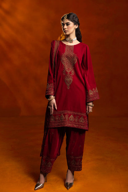 Charizma - 3-PC Embroidered Velvet Shirt with Embroidered Chiffon Dupatta and Trouser VVT-3-209