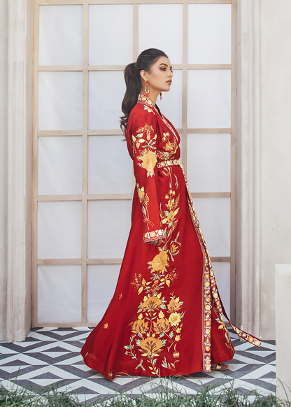 Dure Shahwar - Red Kaftan with Lap Jacket