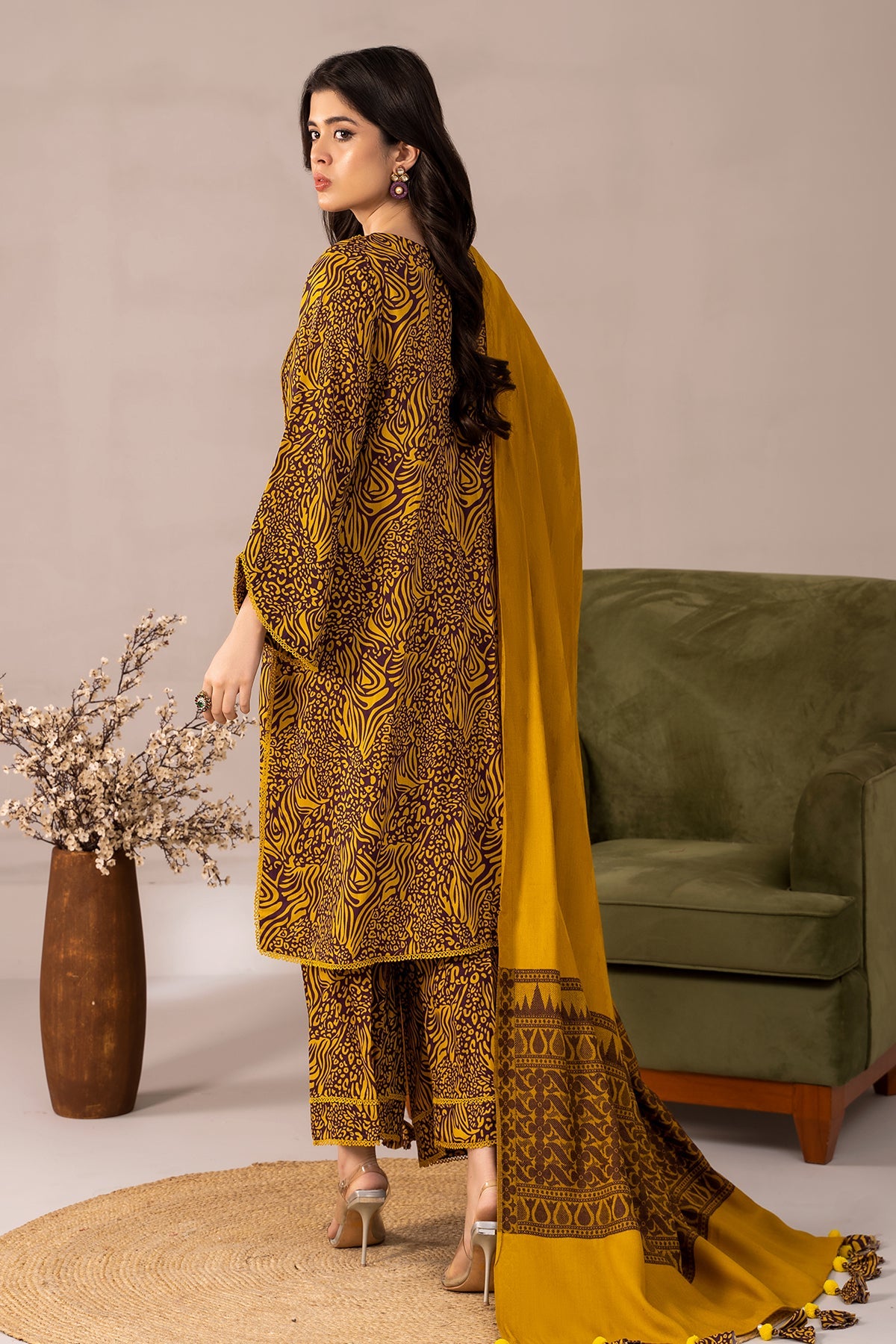 Charizma - 3-PC Printed Staple Shirt with Dyed Wool Shawl and Trouser NYS4-08