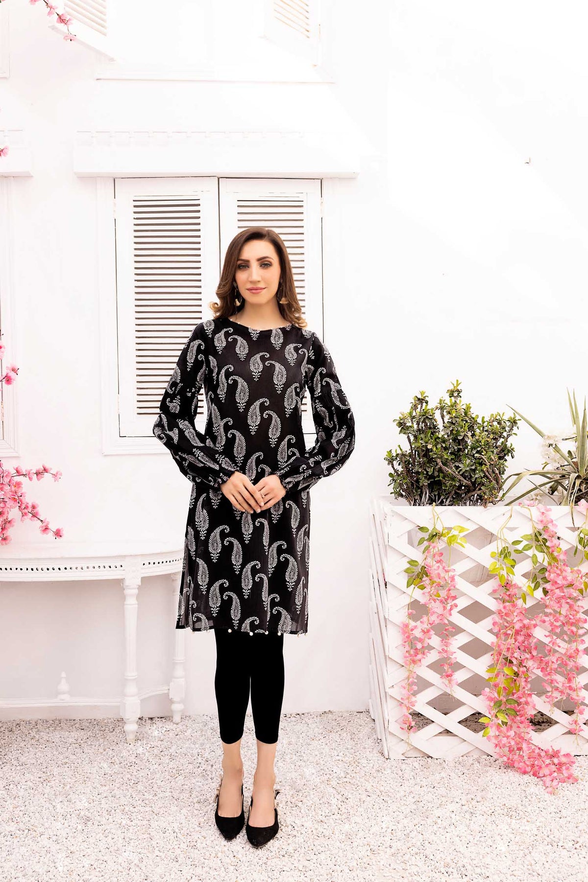 Adan's Libas - Black Shells - Digital Printed Stitched Lawn Kurti